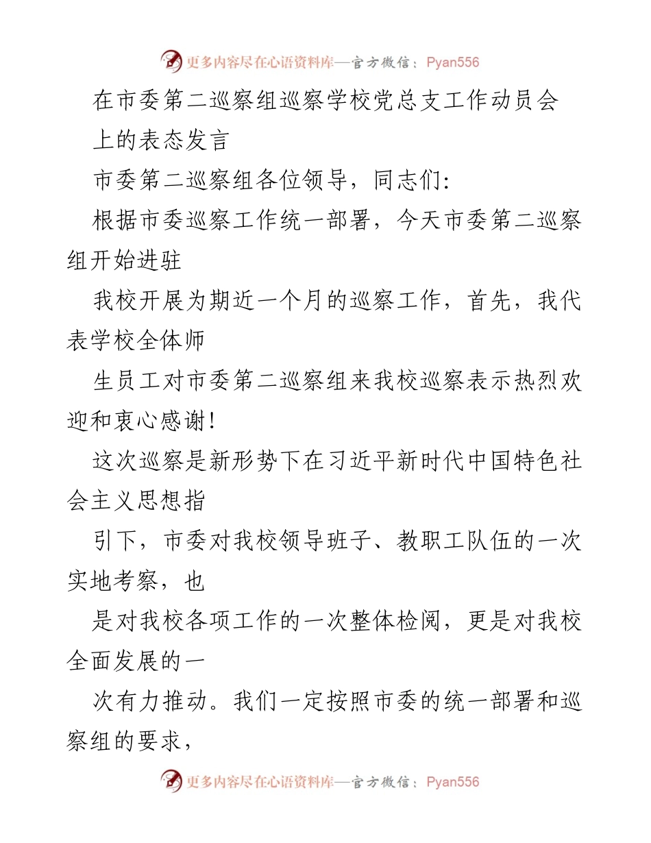 [发言] 巡察工作动员会 - 学校党总支表态发言：全力支持市委巡察工作.docx_第1页