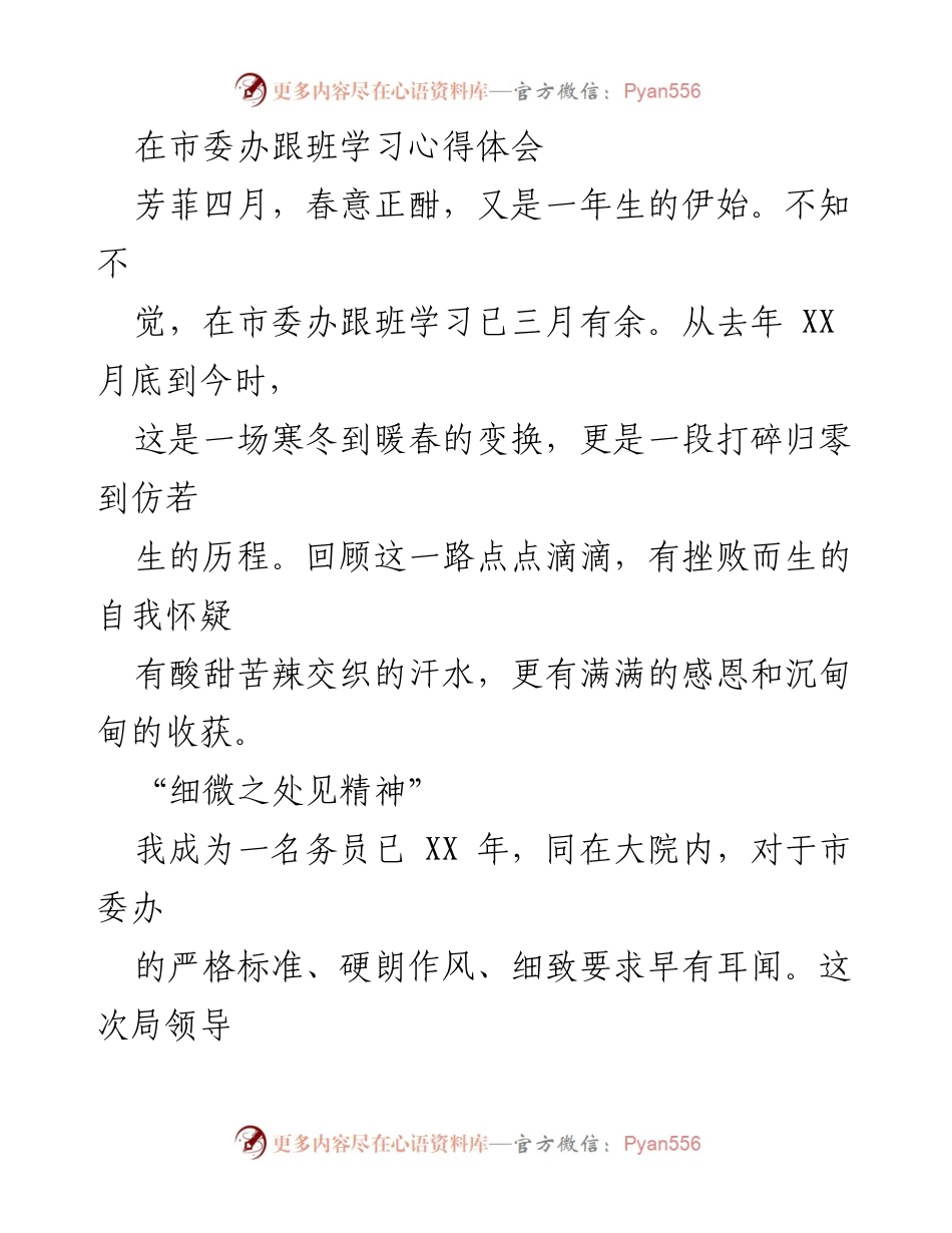 [发言] 学习交流 - 在市委办跟班学习的心得体会.docx_第1页