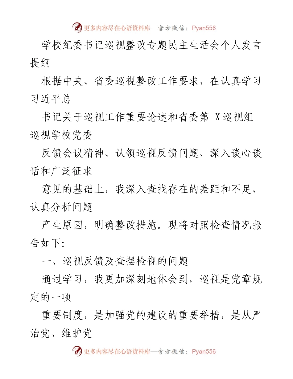 [发言] 学校纪委书记巡视整改专题民主生活会 - 巡视整改中的自我检视与整改措施总结.docx_第1页