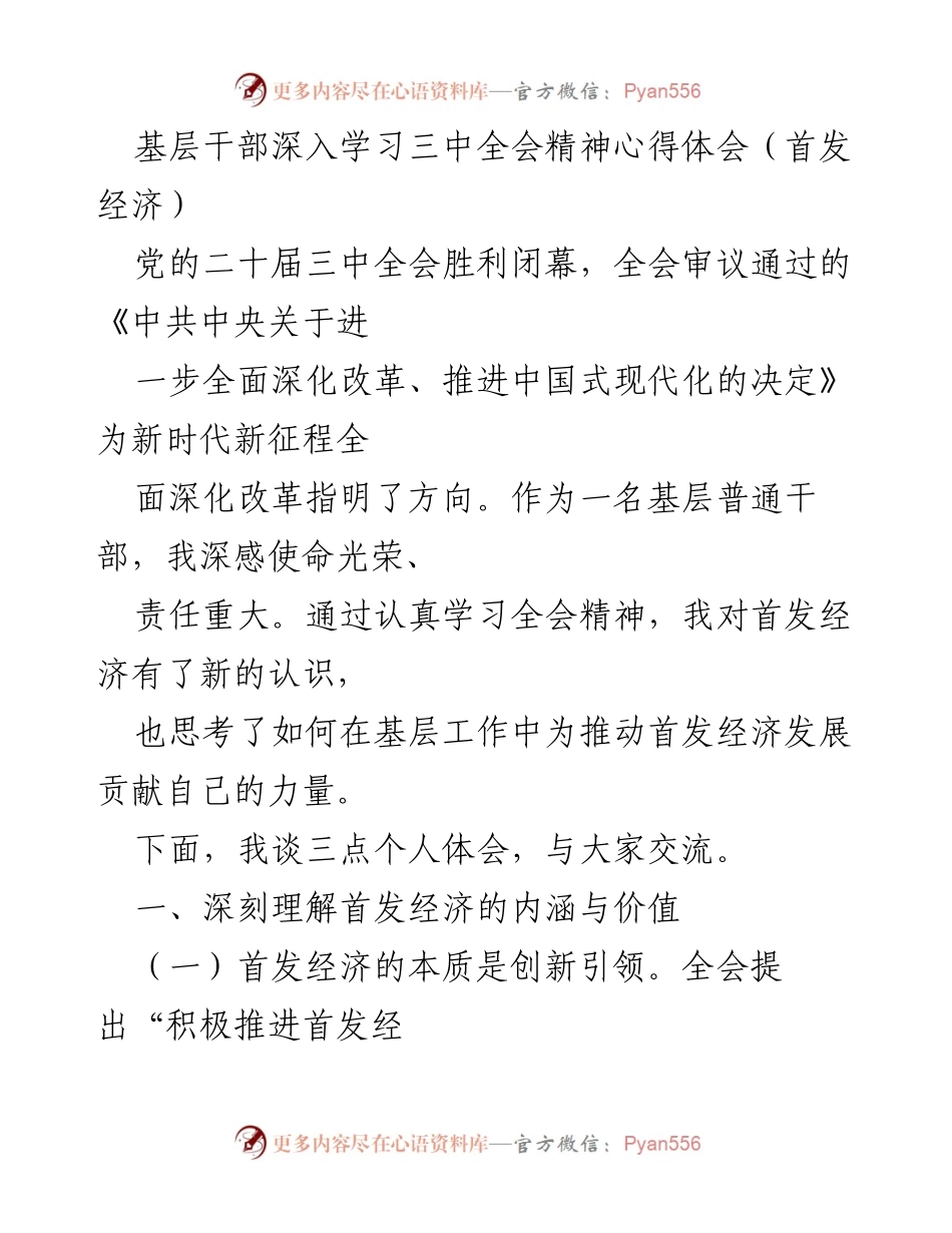 [发言] 学习交流会 - 基层干部学习三中全会精神的体会与首发经济的启示.docx_第1页