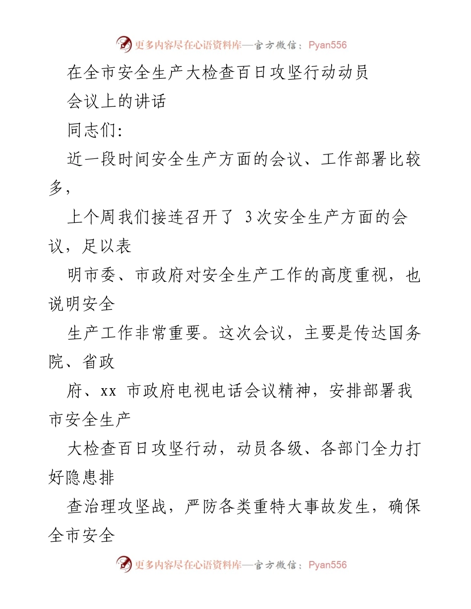[发言] 安全生产大检查动员会议 - 强化安全生产意识，坚决打好隐患排查治理攻坚战.docx_第1页
