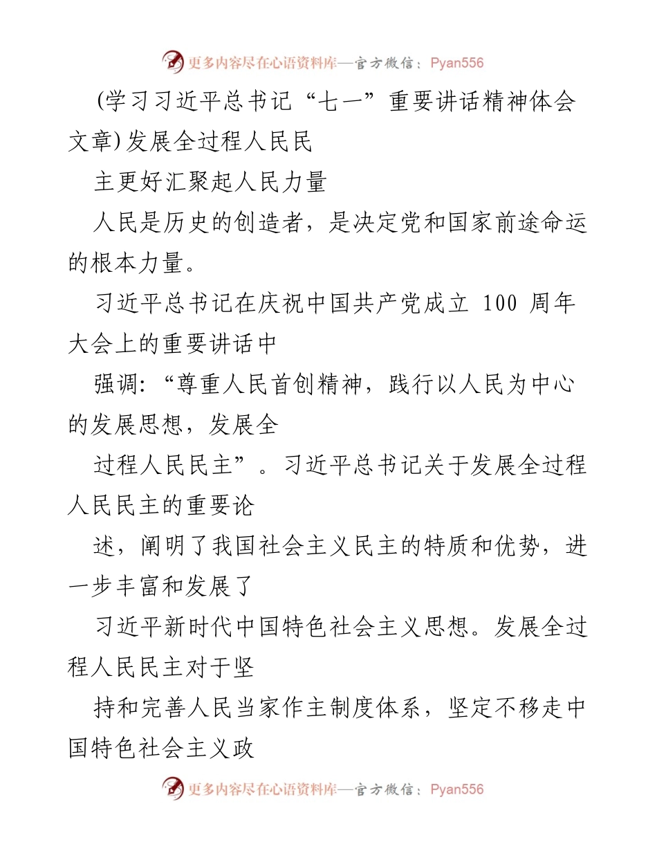[发言] 学习交流会 - 深入理解习近平总书记“七一”讲话精神与全过程人民民主.docx_第1页