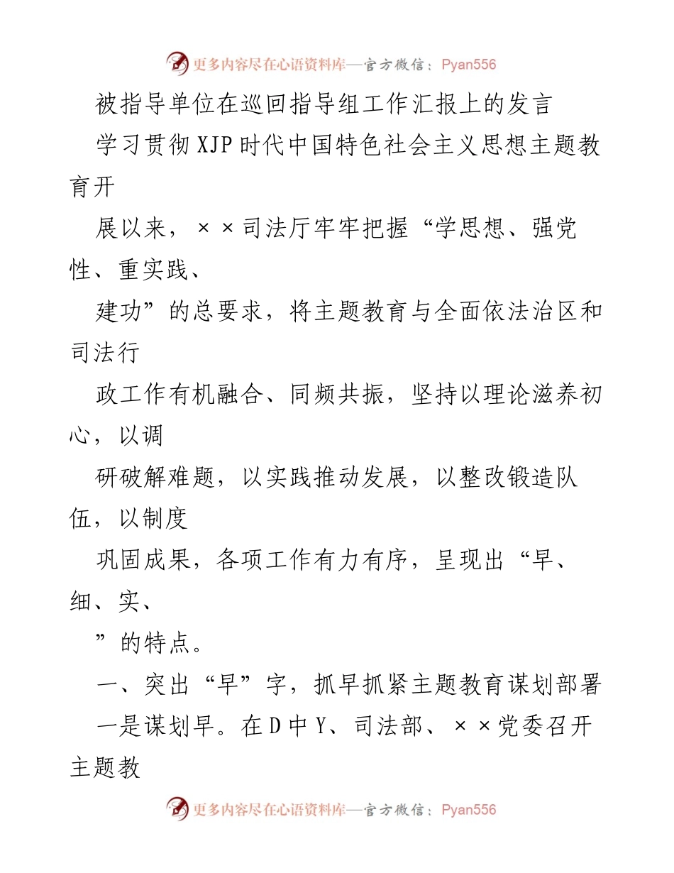 [发言] 巡回指导组工作汇报 - 主题教育与司法行政工作的有机融合.docx_第1页