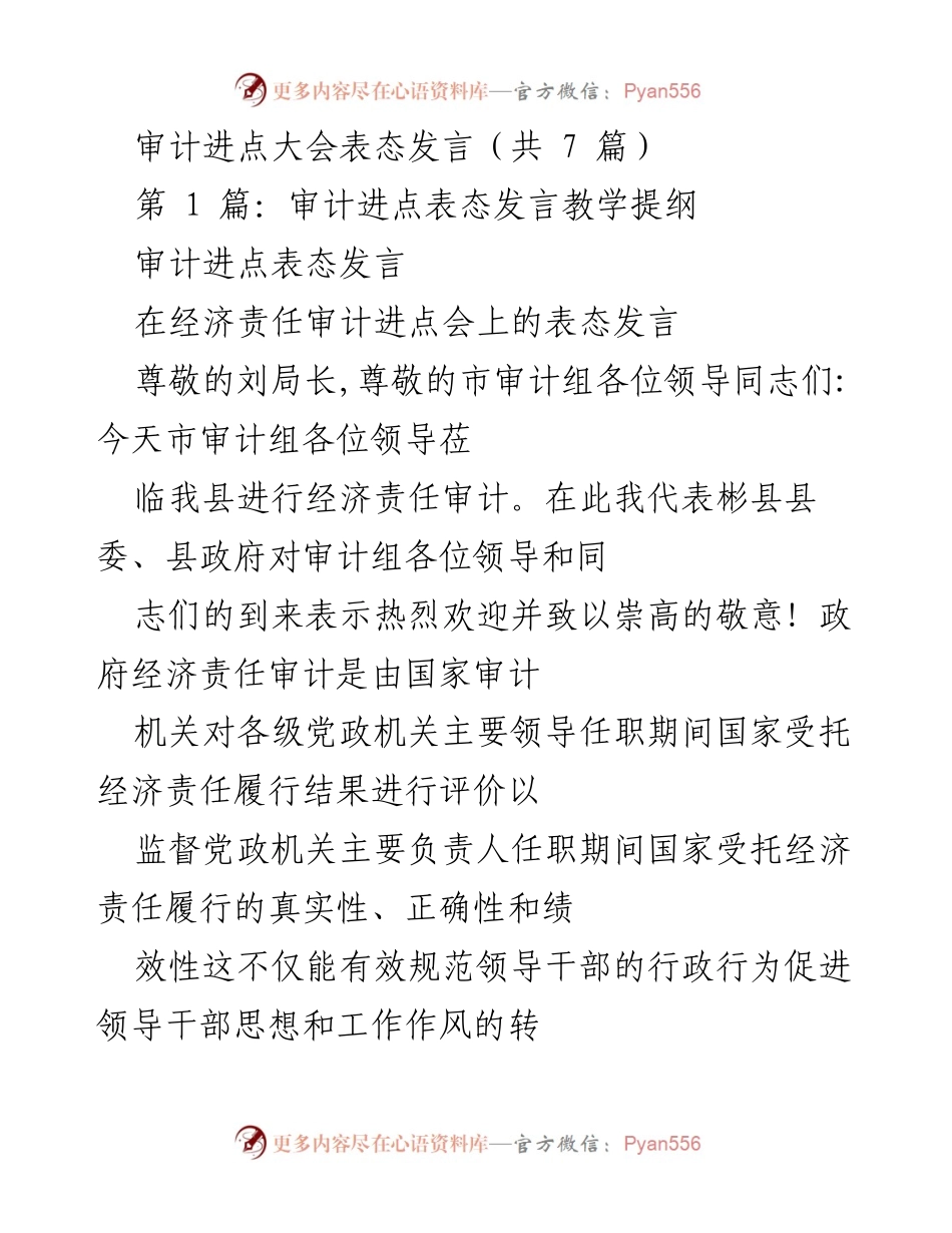 [发言] 审计进点大会 - 审计工作的重要性与实施承诺.docx_第1页