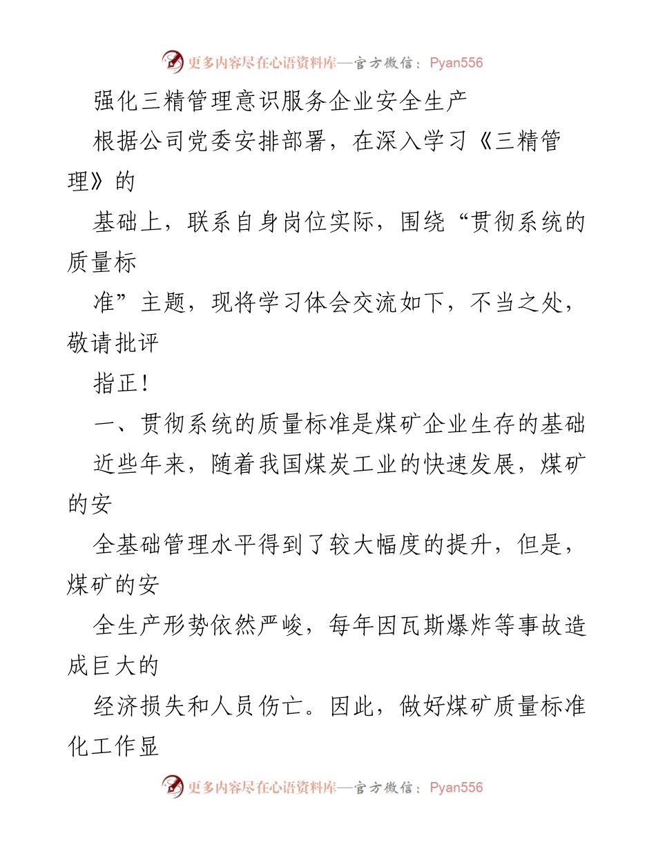 [发言] 学习交流会 - 强化三精管理意识，提升煤矿安全生产标准化.docx_第1页