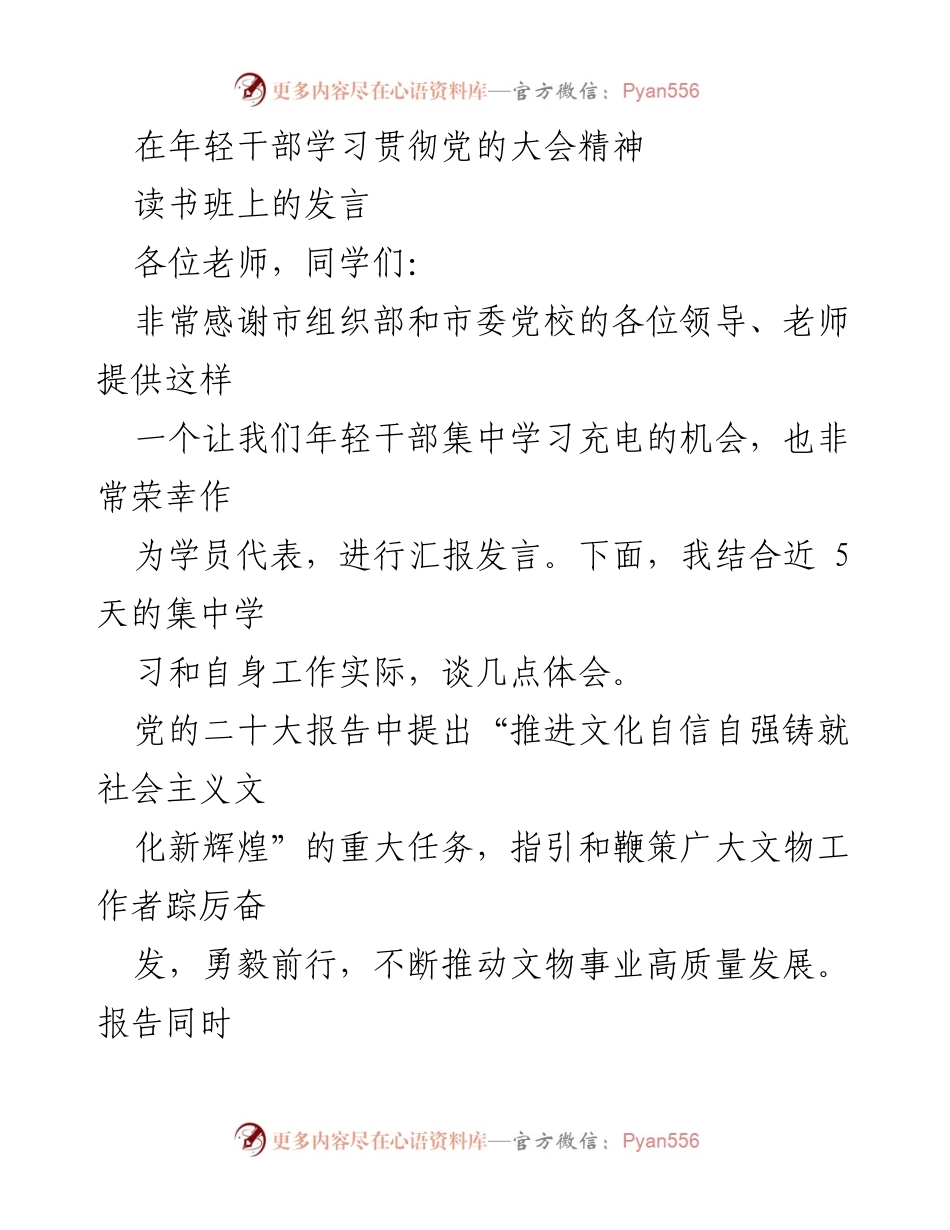 [发言] 学习贯彻党的大会精神读书班 - 年轻干部的使命与责任.docx_第1页