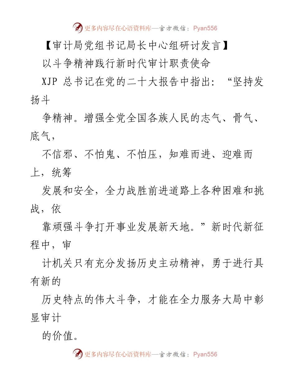 [发言] 审计局中心组研讨 - 以斗争精神推动新时代审计工作.docx_第1页