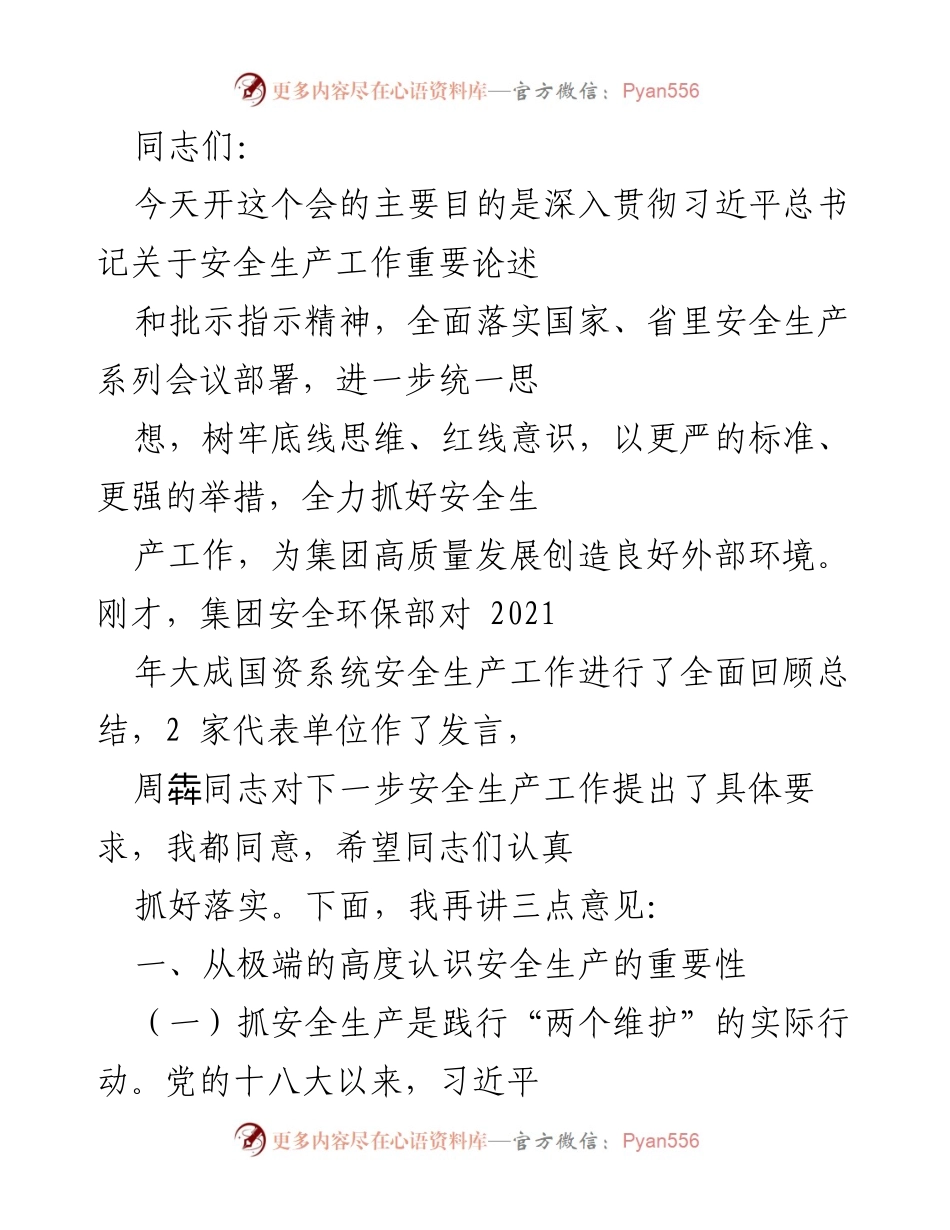 [发言] 安全生产工作会议 - 深入贯彻安全生产重要论述，推动高质量发展.docx_第1页