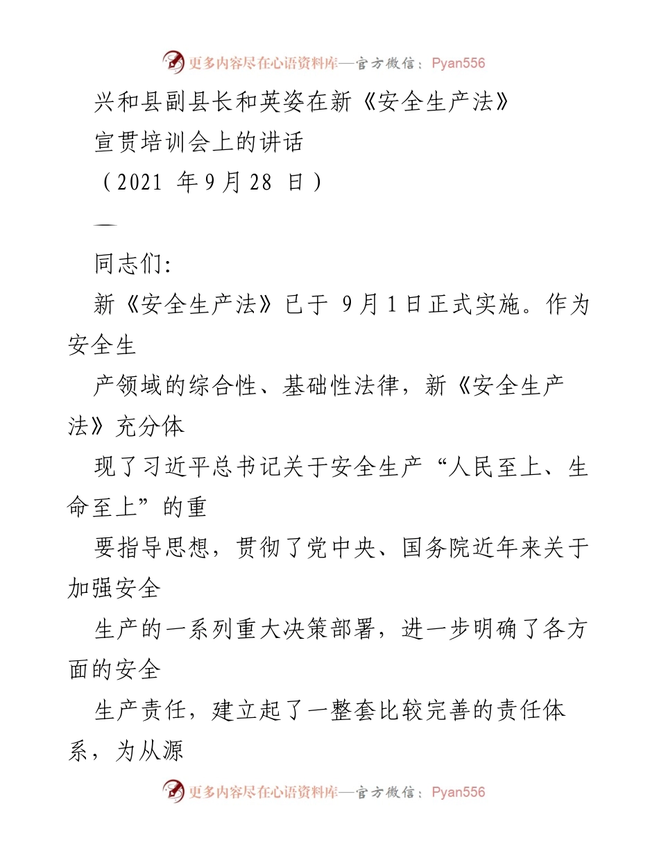[发言] 安全生产法宣贯培训会 - 新《安全生产法》宣贯培训的重要性与责任强调.docx_第1页