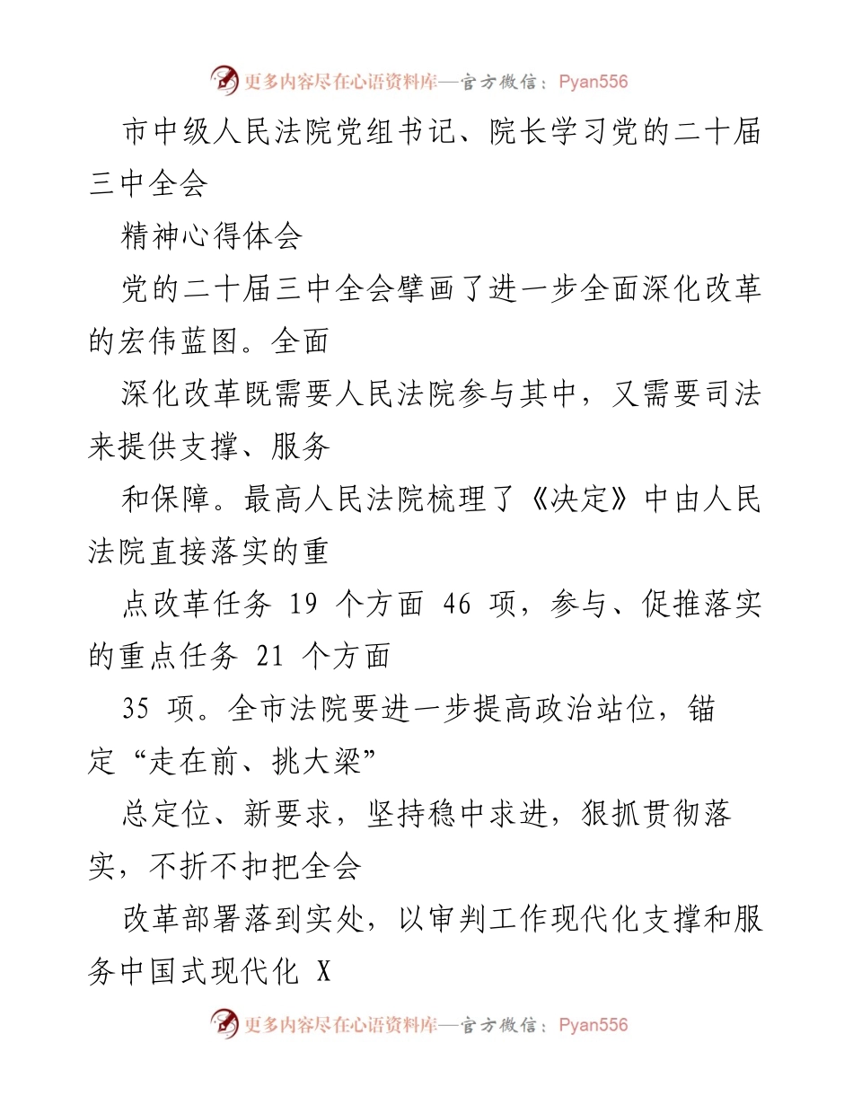 [发言] 学习党的二十届三中全会精神 - 深入贯彻党的二十届三中全会精神，推动法院高质量发展.docx_第1页