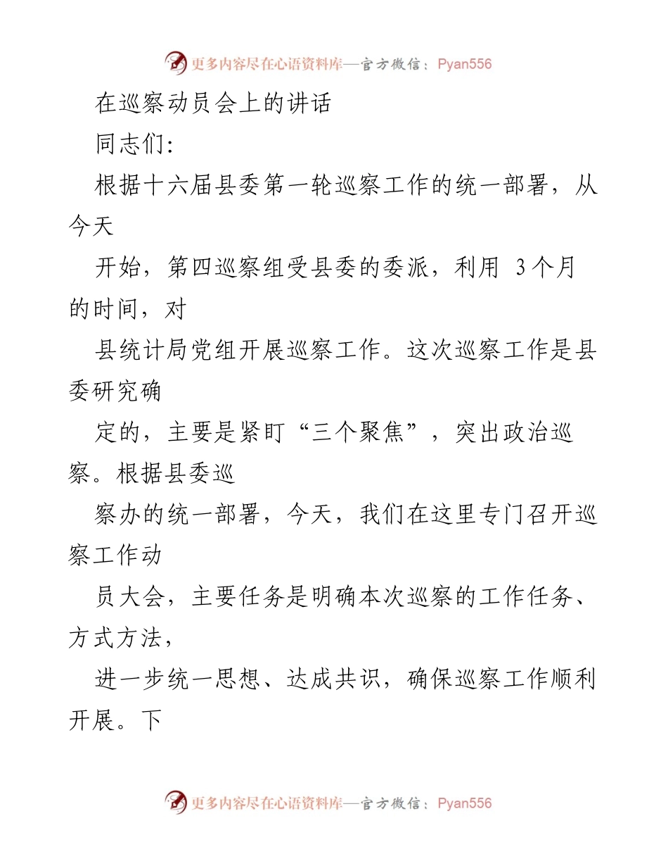 [发言] 巡察动员会 - 强化政治监督，确保巡察工作顺利开展.docx_第1页
