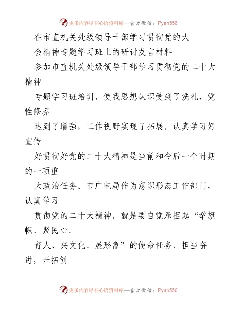 [发言] 学习班 - 深入学习贯彻党的二十大精神，推动文化强市建设.docx_第1页