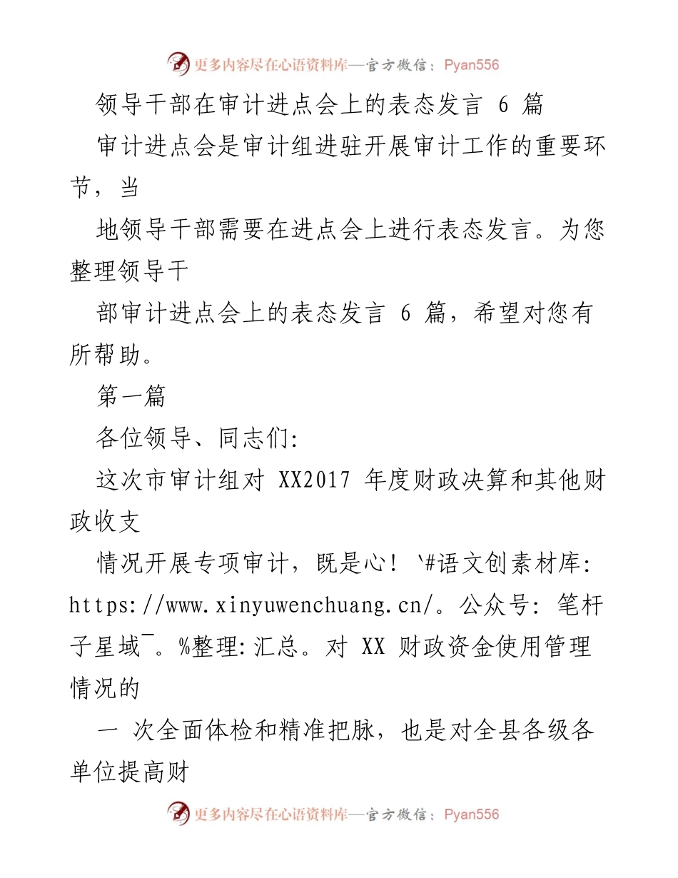 [发言] 审计进点会 - 领导干部对审计工作的表态发言.docx_第1页