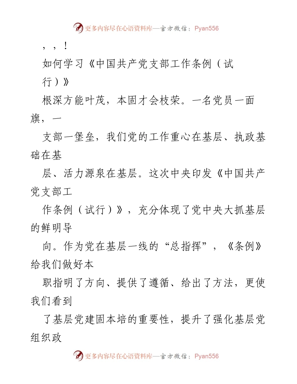 [发言] 学习贯彻《中国共产党支部工作条例（试行）》的重要体会与思考.docx_第1页
