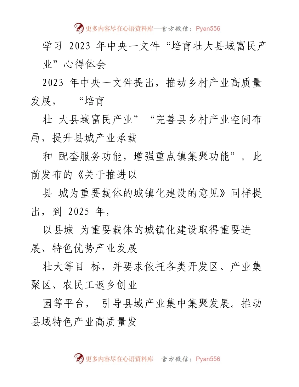 [发言] 学习心得分享 - 深入理解2023年中央一文件：培育壮大县域富民产业的实践与思考.docx_第1页