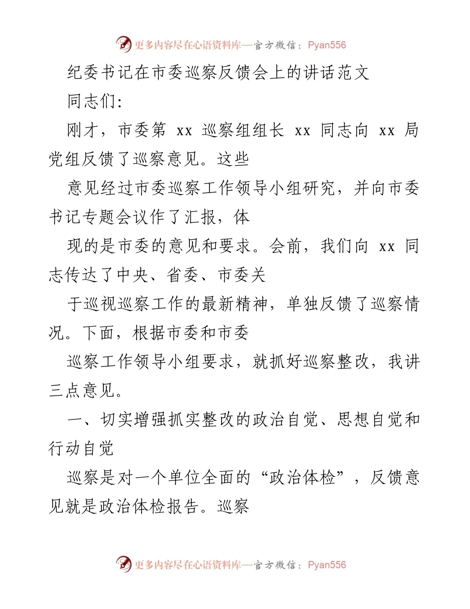 [发言] 市委巡察反馈会 - 加强巡察整改的政治自觉与责任担当.docx_第1页