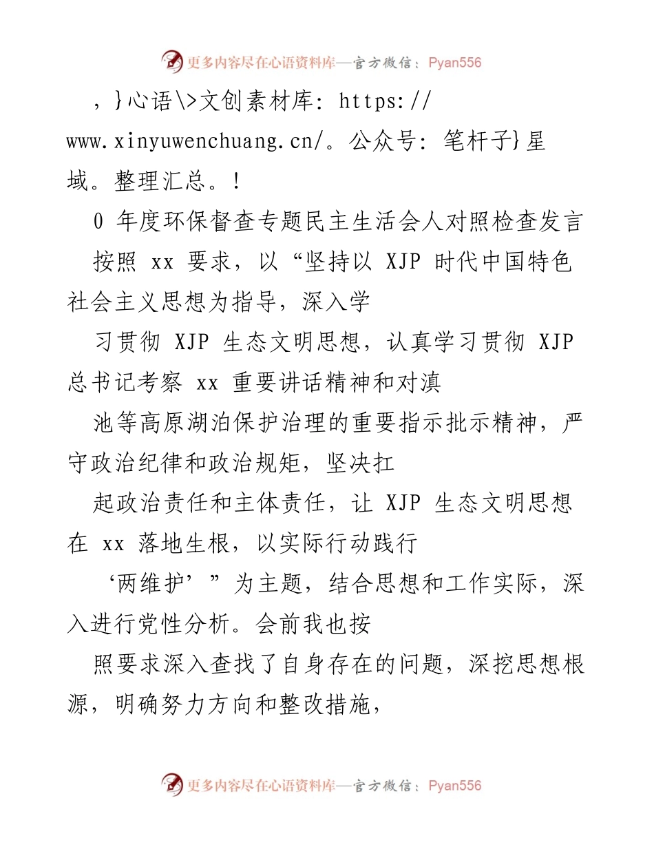[发言] 年度环保督查专题民主生活会对照检查发言总结_1.docx_第1页