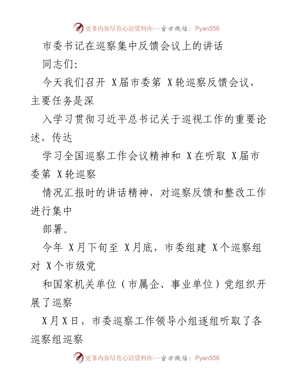 [发言] 巡察集中反馈会议 - 巡察工作反馈与整改的重要部署.docx_第1页