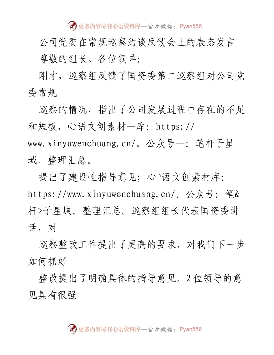 [发言] 巡察约谈反馈会 - 公司党委对巡察整改工作的表态发言.docx_第1页
