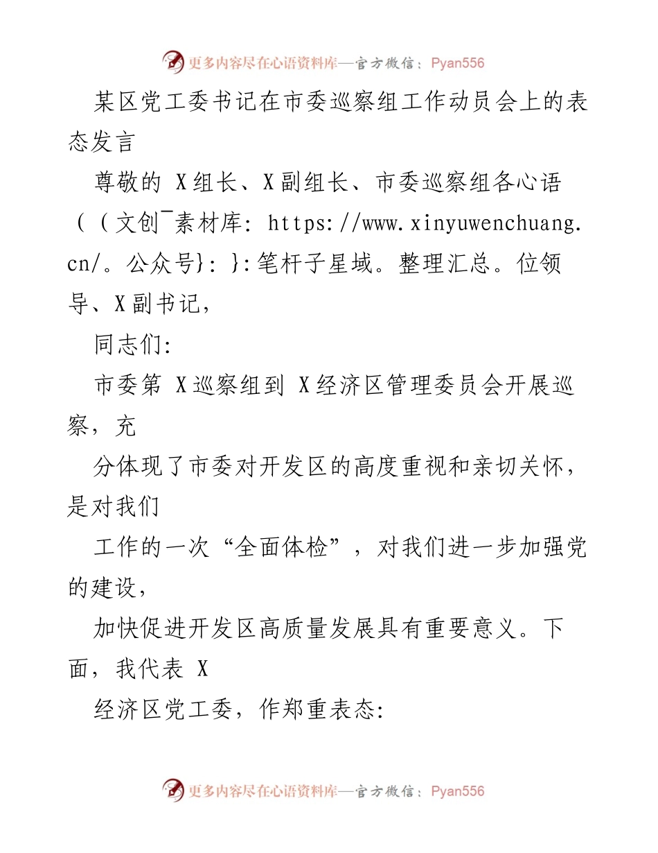 [发言] 市委巡察组工作动员会 - 党工委书记的巡察工作表态发言.docx_第1页