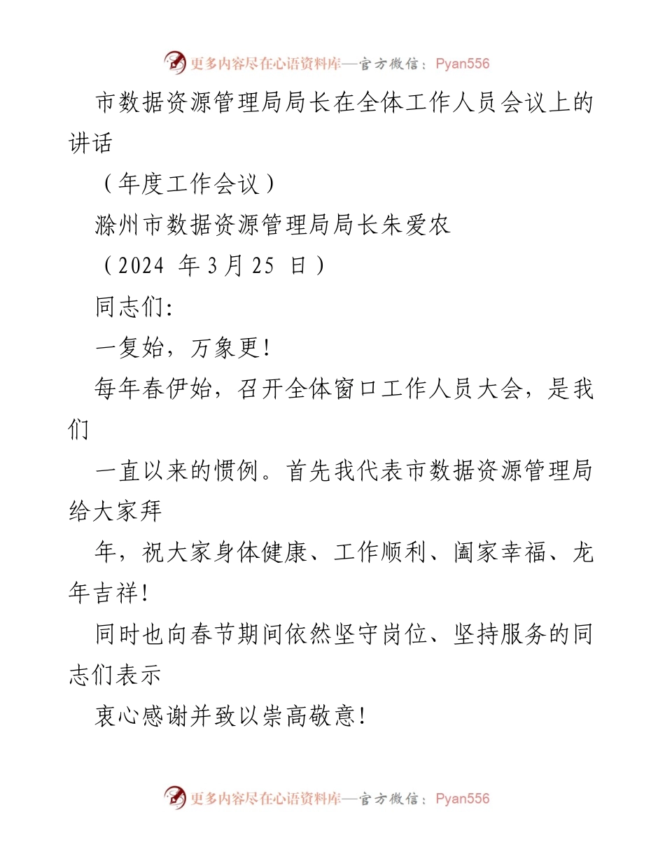 [发言] 年度工作会议 - 市数据资源管理局局长年度工作总结与部署讲话.docx_第1页