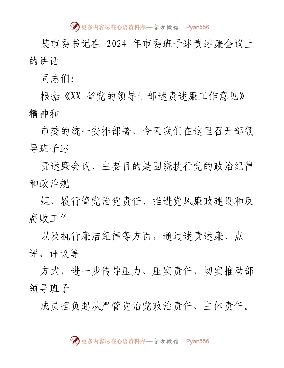 [发言] 市委班子述责述廉会议 - 加强政治责任，推动全面从严治党.docx_第1页