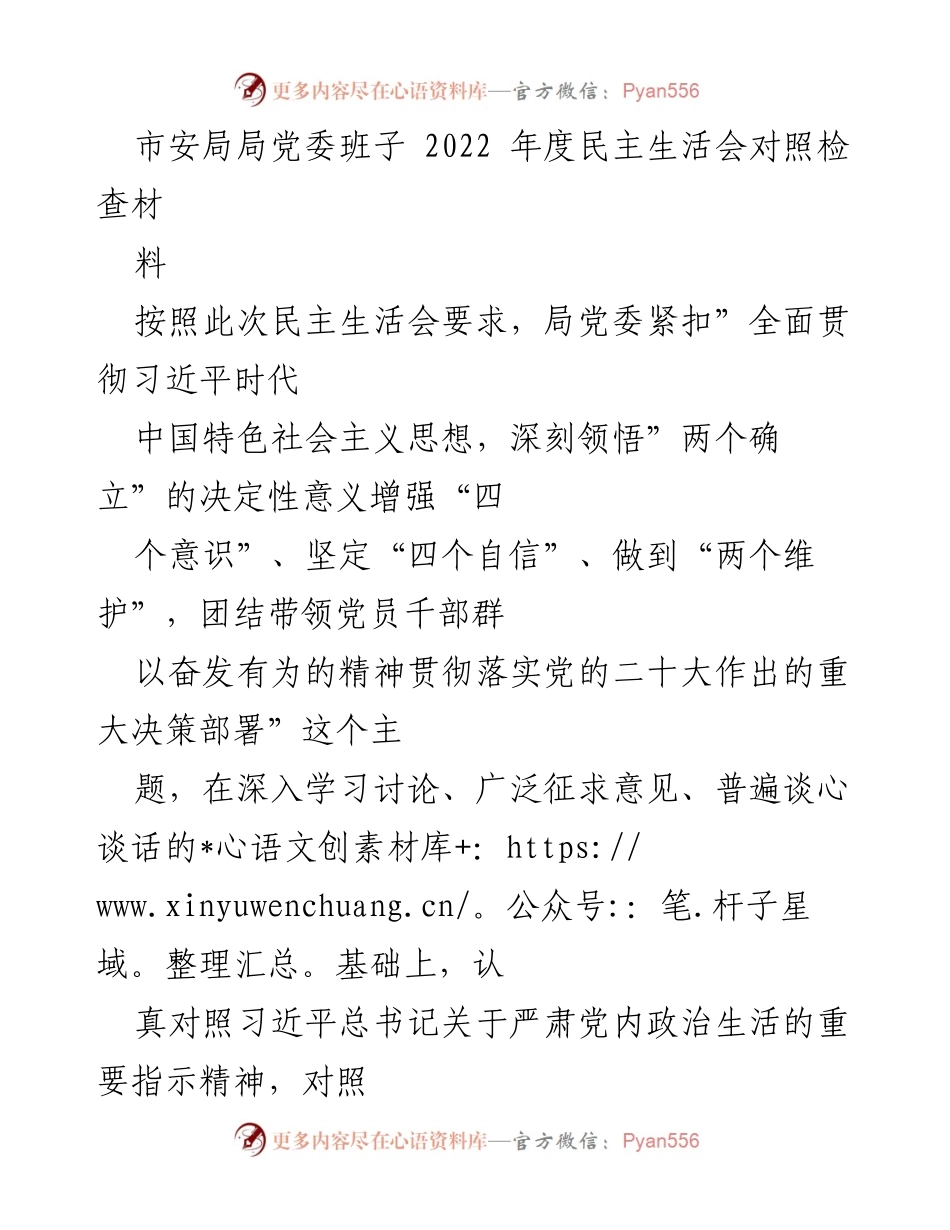 [发言] 市安局年度民主生活会 - 2022年度民主生活会对照检查材料总结.docx_第1页