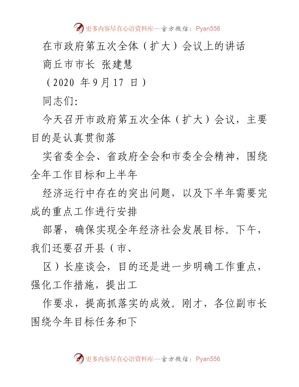 [发言] 市政府第五次全体（扩大）会议 - 强化落实，确保经济社会发展目标实现.docx_第1页