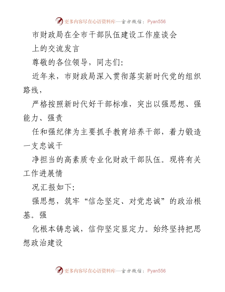 [发言] 干部队伍建设工作座谈会 - 市财政局在干部队伍建设中的实践探索与成效.docx_第1页