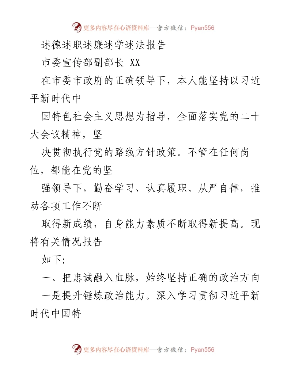 [发言] 市委宣传部工作总结 - 坚持党的领导，推动工作新成绩的述职报告.docx_第1页