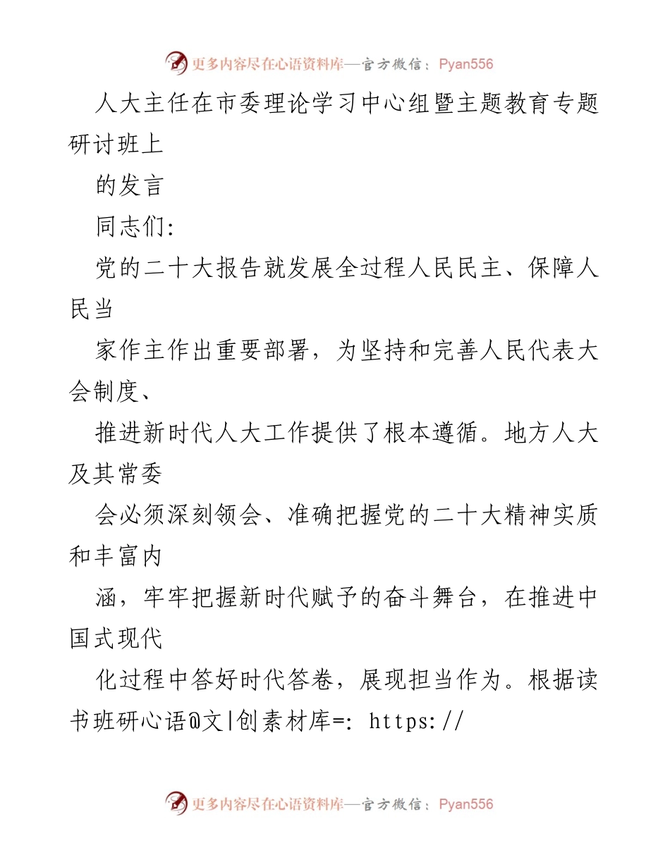 [发言] 市委理论学习中心组暨主题教育专题研讨班 - 深入贯彻党的二十大精神，推动全过程人民民主.docx_第1页