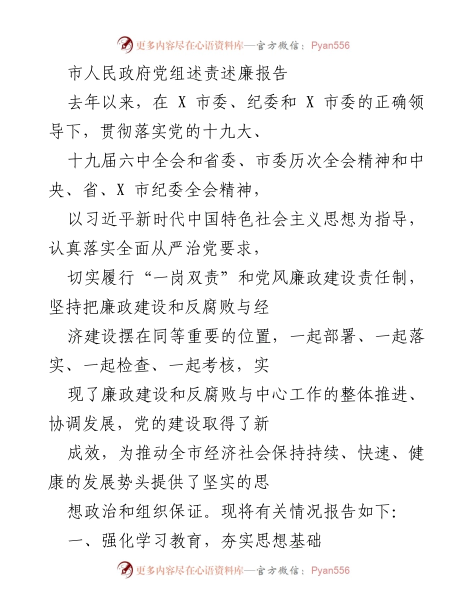 [发言] 市人民政府党组会议 - 市人民政府党组述责述廉报告总结.docx_第1页