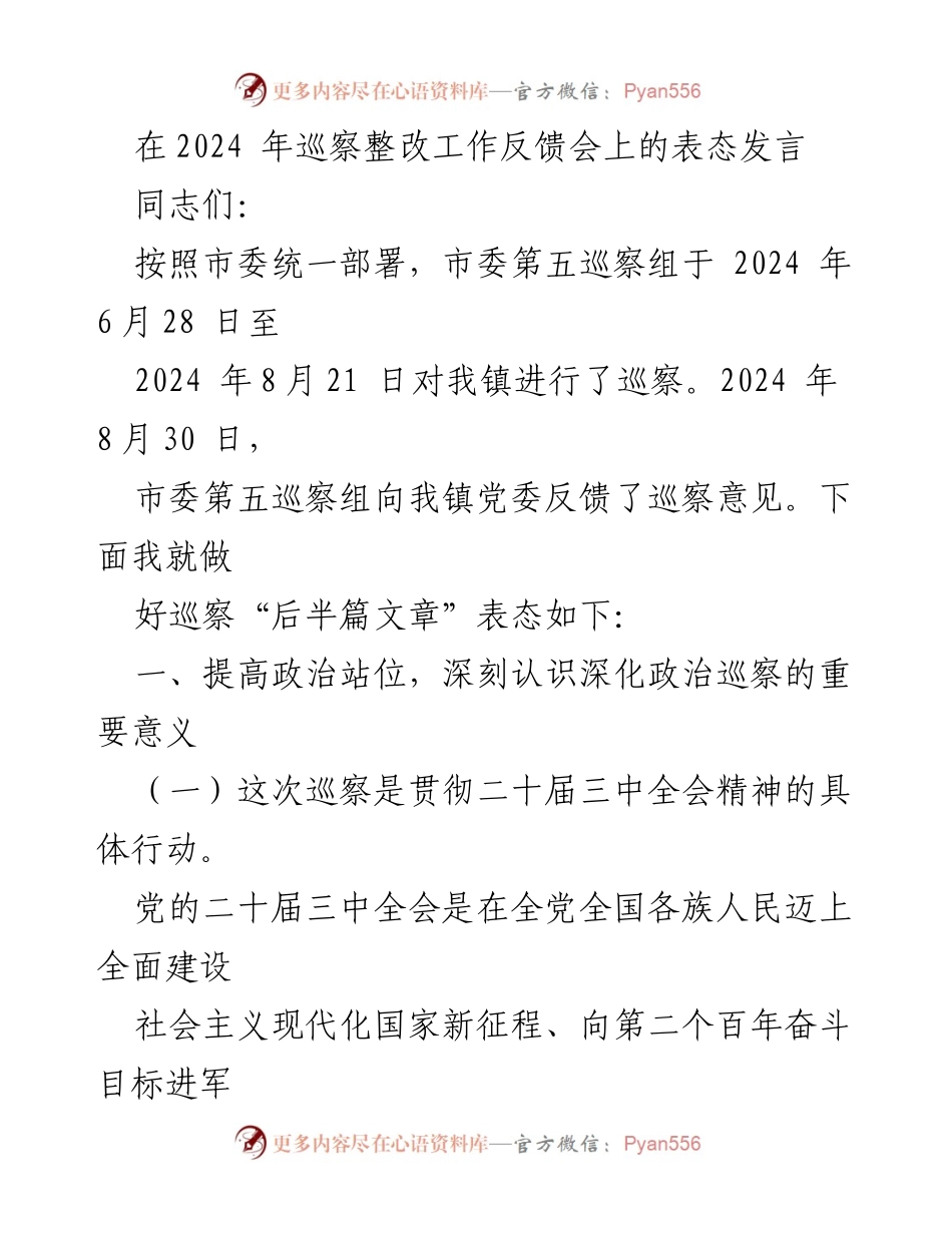 [发言] 巡察整改工作反馈会 - 深化政治巡察的重要性与整改决心.docx_第1页