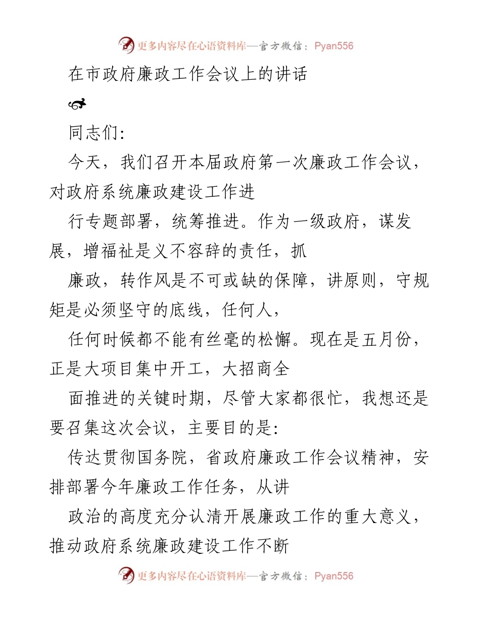 [发言] 市政府廉政工作会议 - 加强廉政建设，推动政府系统高质量发展.docx_第1页