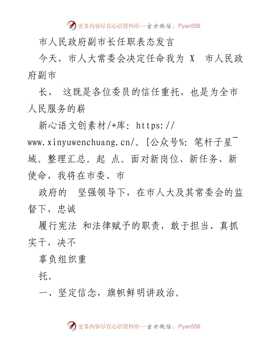 [发言] 市人民政府副市长任职 - 忠诚履职，服务人民：新任副市长的表态发言.docx_第1页