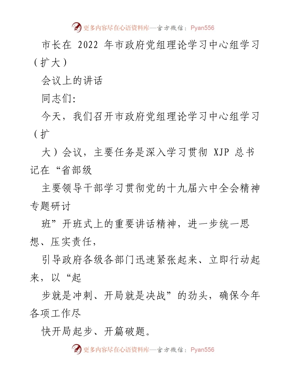[发言] 市政府党组理论学习中心组学习（扩大）会议 - 深入学习贯彻总书记重要讲话精神，推动年度工作落实.docx_第1页