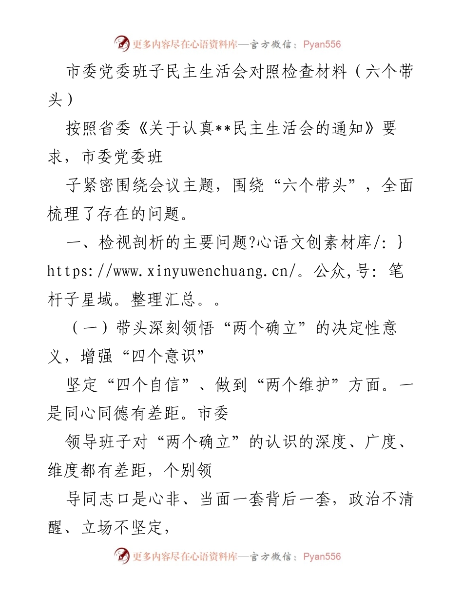 [发言] 市委党委班子民主生活会 - 深入检视问题，增强政治意识，推动工作落实.docx_第1页