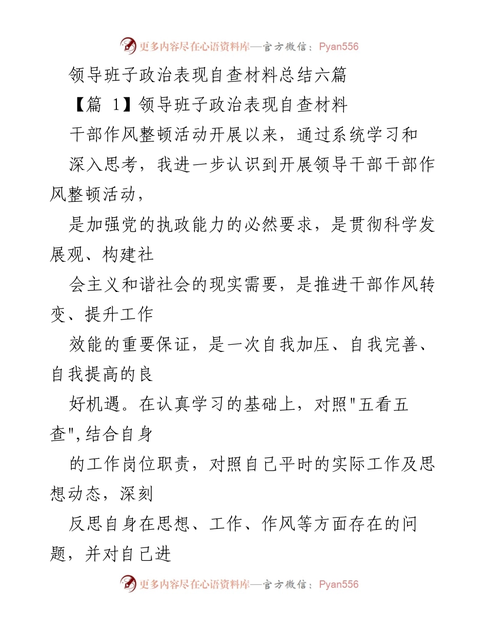 [发言] 干部作风整顿活动 - 领导班子政治表现自查材料总结与反思.docx_第1页