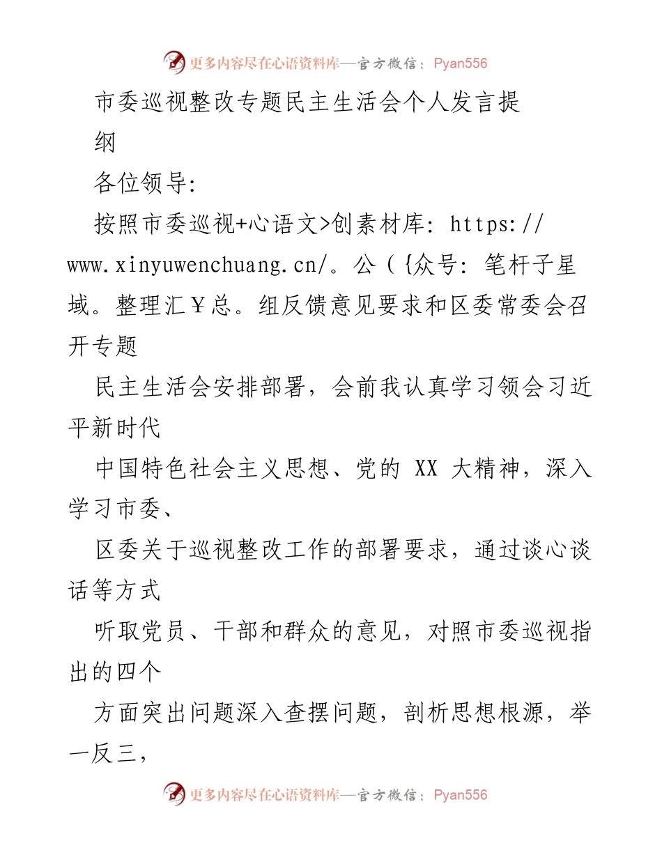 [发言] 市委巡视整改专题民主生活会 - 深入剖析巡视反馈问题，推动整改落实.docx_第1页