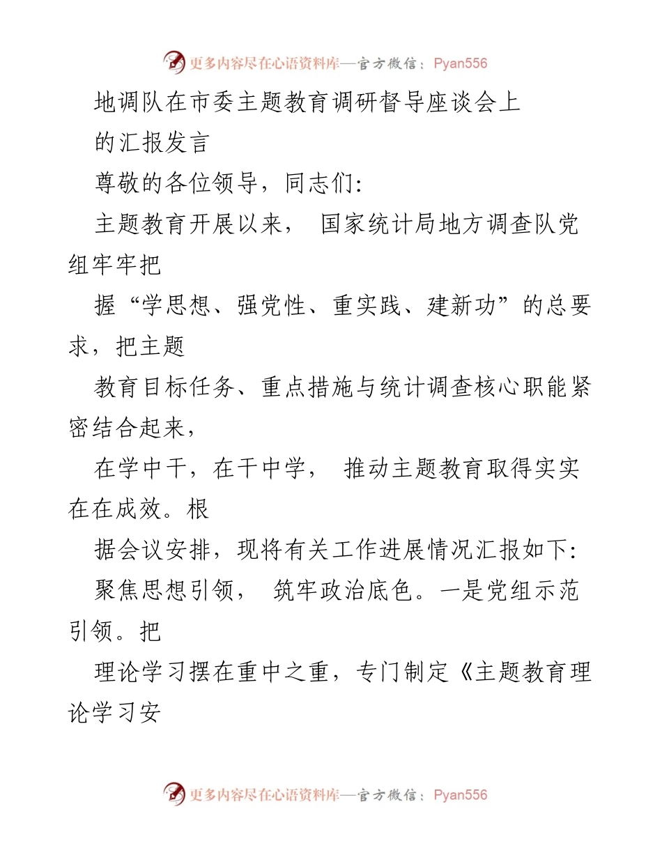 [发言] 市委主题教育调研督导座谈会 - 地方调查队主题教育工作汇报.docx_第1页
