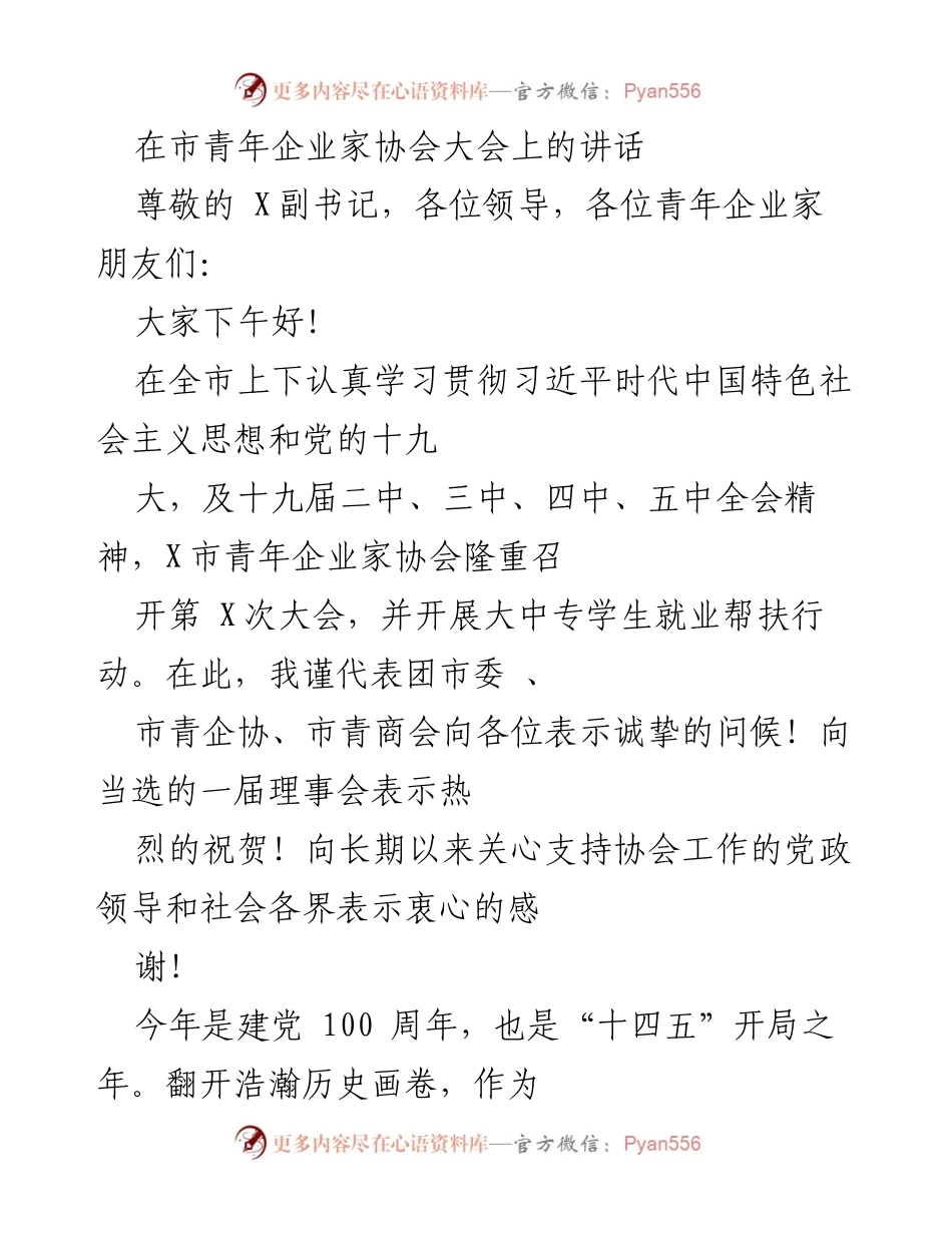 [发言] 市青年企业家协会大会 - 青年企业家的使命与责任.docx_第1页