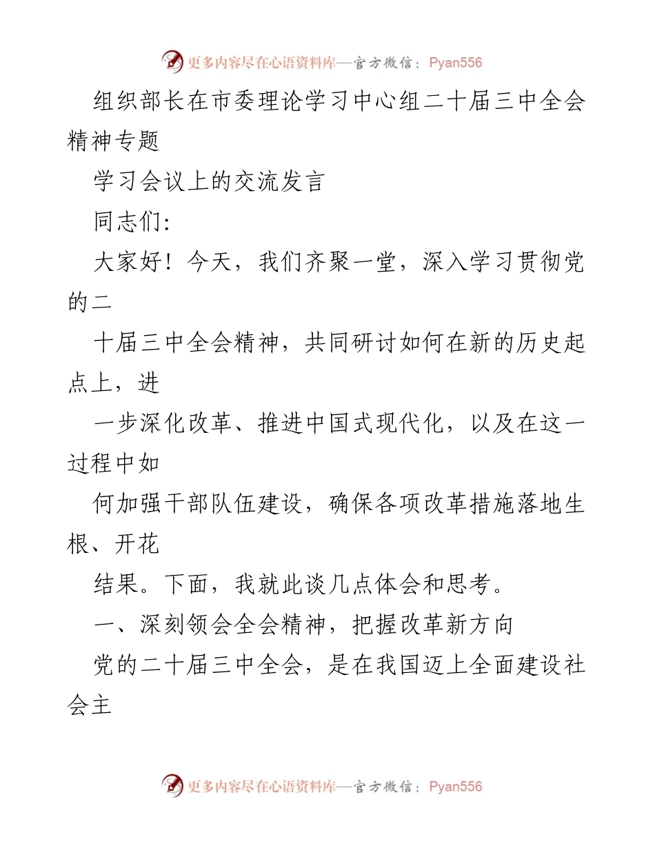 [发言] 市委理论学习中心组 - 深入学习贯彻党的二十届三中全会精神，推进中国式现代化与干部队伍建设.docx_第1页