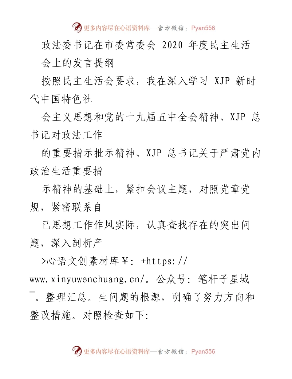 [发言] 市委常委会 - 政法委书记年度民主生活会发言提纲.docx_第1页
