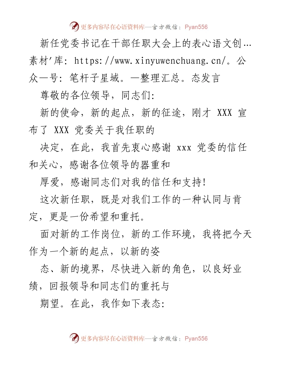 [发言] 干部任职大会 - 新任党委书记的表态发言.docx_第1页