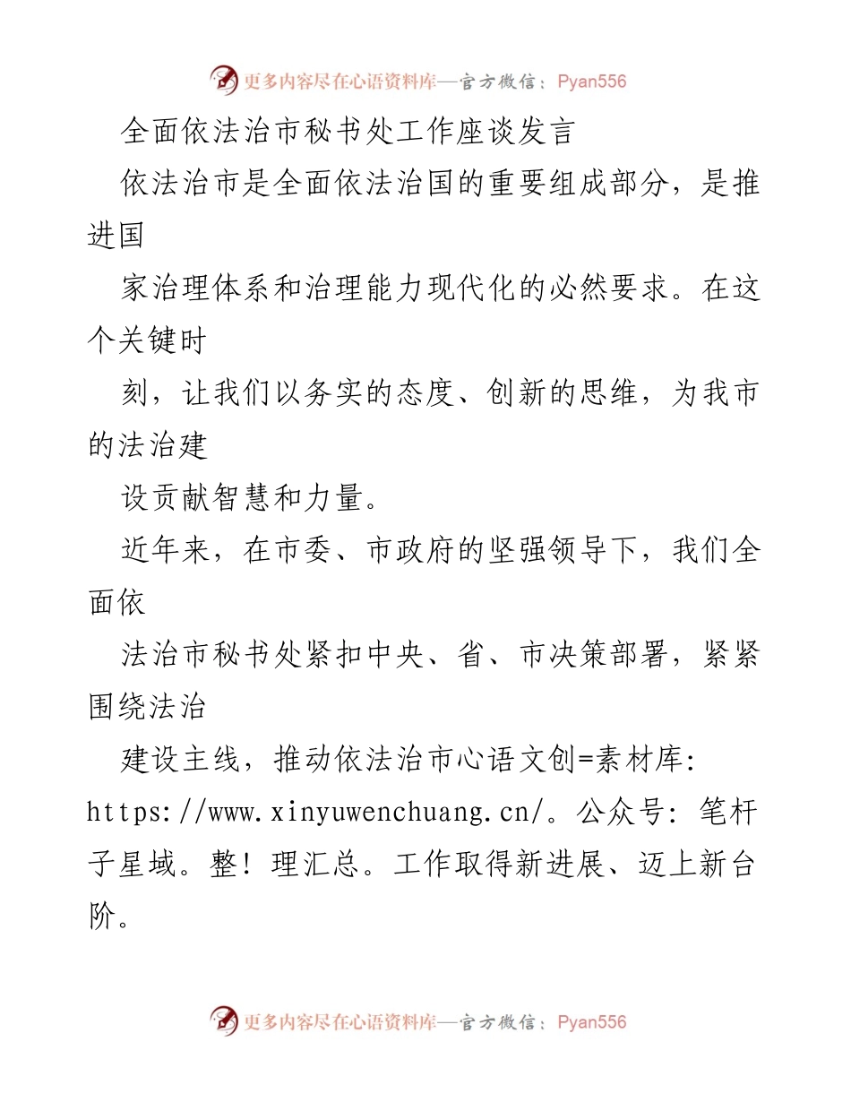[发言] 工作座谈 - 推动全面依法治市的创新与实践.docx_第1页