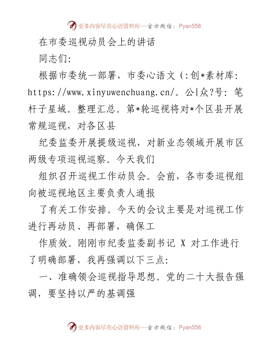 [发言] 市委巡视动员会 - 确保巡视工作质效，深入推进全面从严治党.docx_第1页