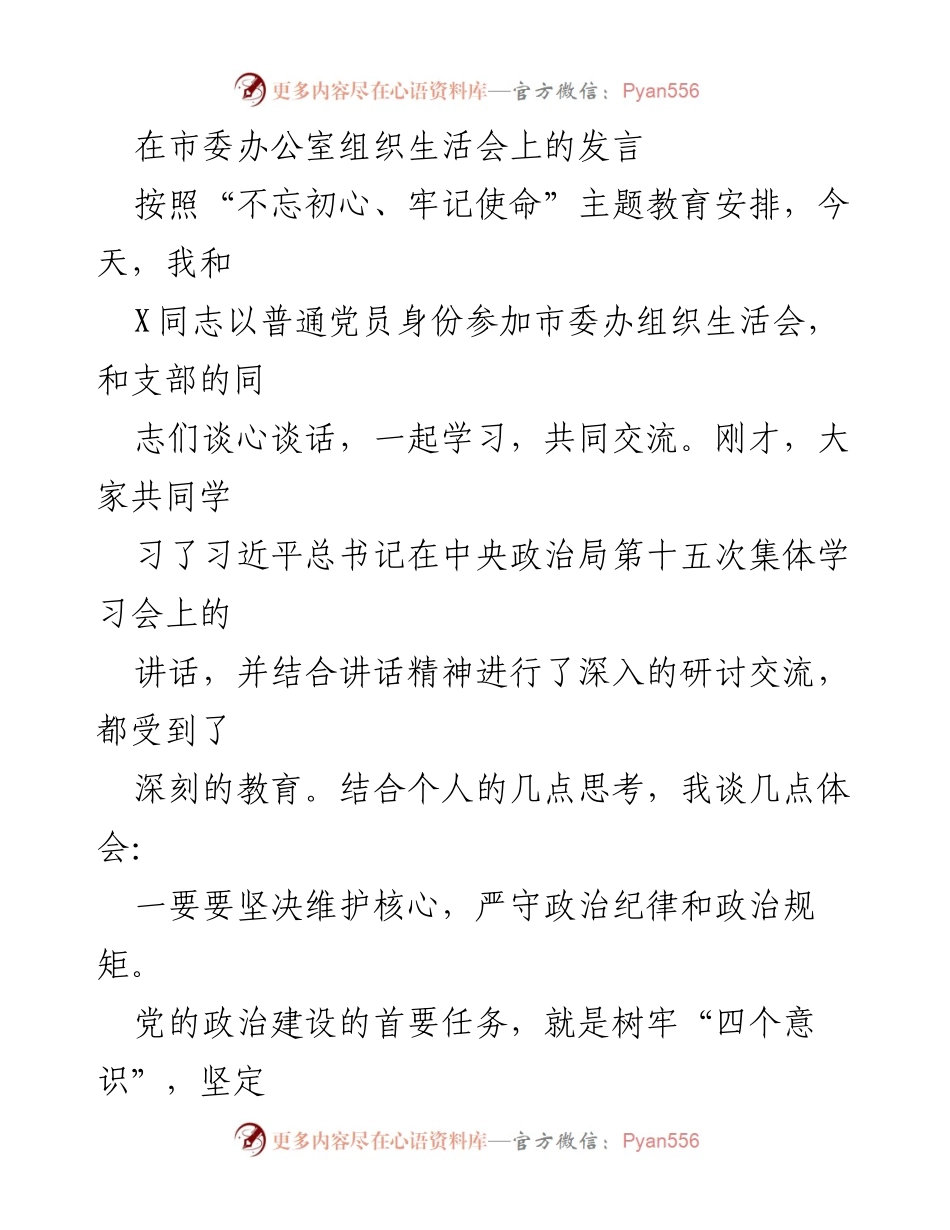 [发言] 市委办公室组织生活会 - 坚守政治纪律，维护核心价值，服务人民立场.docx_第1页