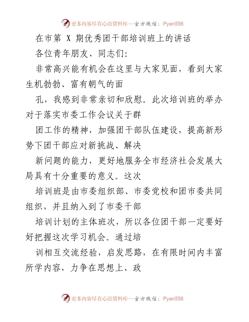 [发言] 市第 X 期优秀团干部培训班 - 提高团干部素质，服务经济社会发展.docx_第1页