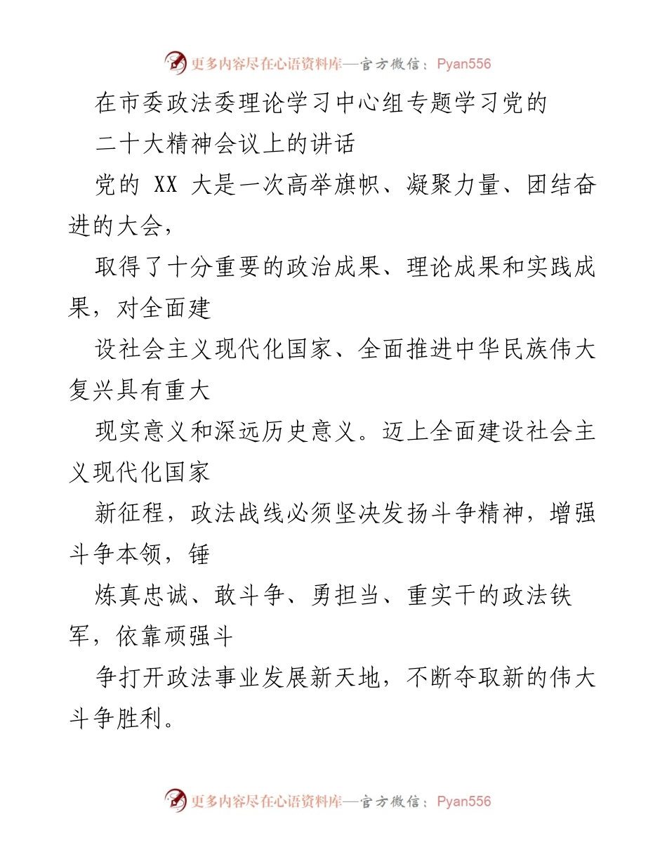 [发言] 市委政法委理论学习中心组会议 - 坚决捍卫党的领导，增强斗争精神，筑牢国家安全防线.docx_第1页