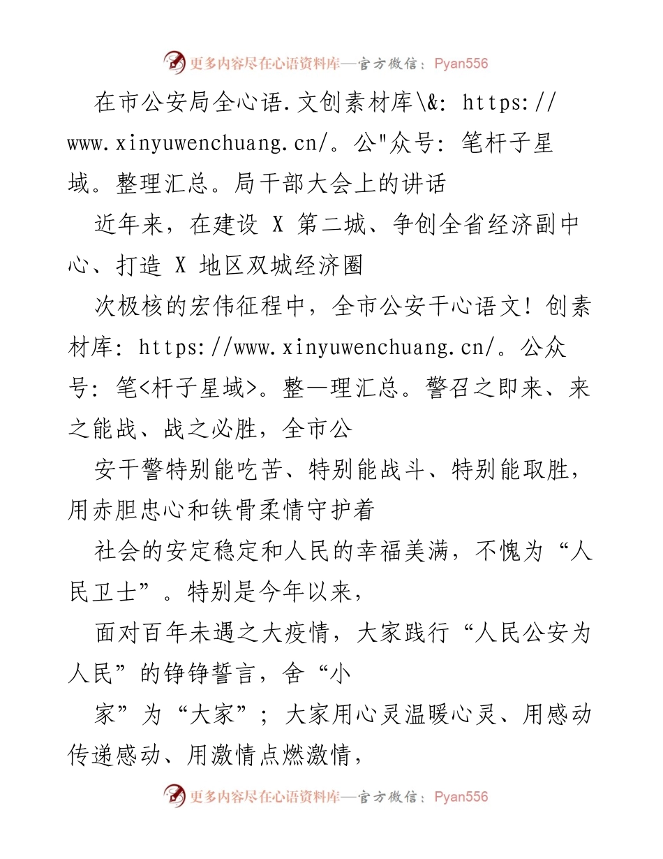 [发言] 市公安局全局干部大会 - 全力以赴，守护社会安定，迎接新挑战.docx_第1页